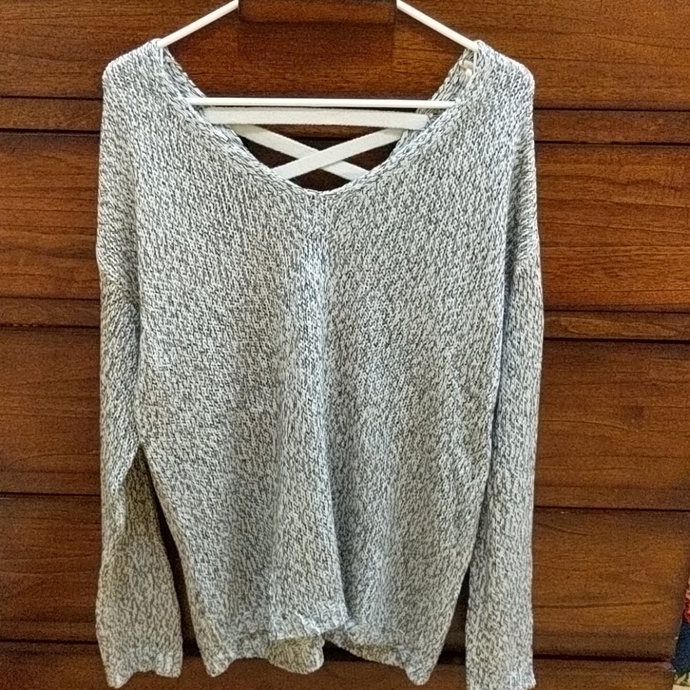 Lace-back Heather gray sweater.